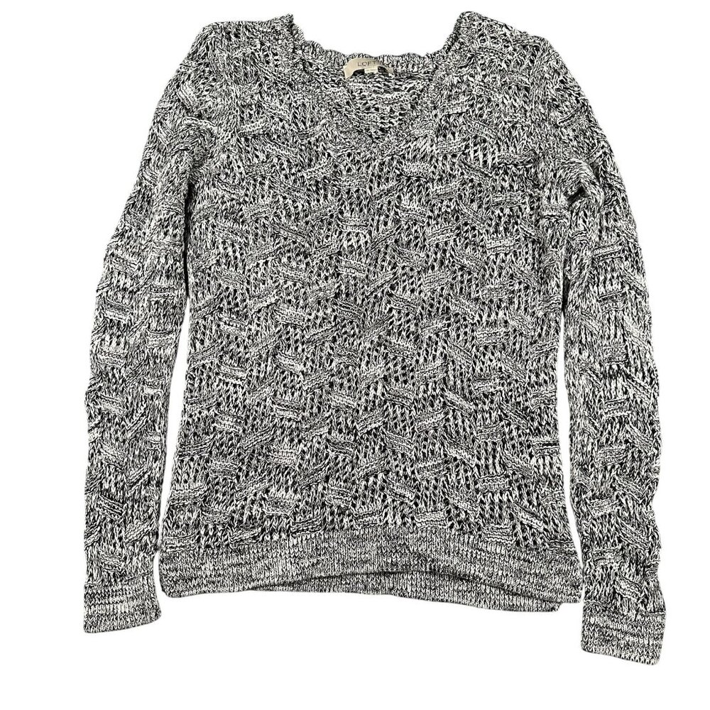 LOFT Sweater Womens Medium Black White Knit Pullover Textured Long Sleeve Casual